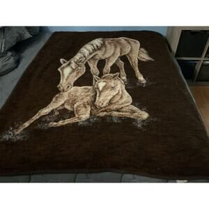 Vtg Biederlack Reversible 2 Horses Baby Foal Throw Blanket Brown Acrylic Western